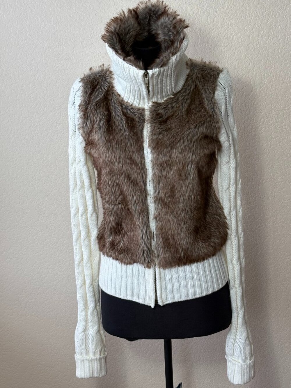Ci Sono Cavalini Womens S Faux Fur Cable Knit Sweater Jacket Y2K Zip Ivory Brown